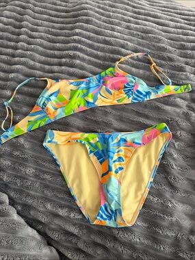 wild fable Tropical Print Bikini with Cream Base and Blue Trim